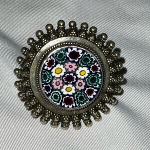 VTG ITALIAN MURANO GLASS CIRCLE STARBURST STATEMENT SILVER TONE RING SZ 8